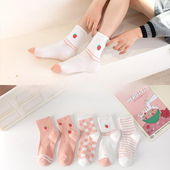 Wholesale of 10pcs Pink Strawberry Fine Striped Checkered Socks JDC-SK-Miqi008