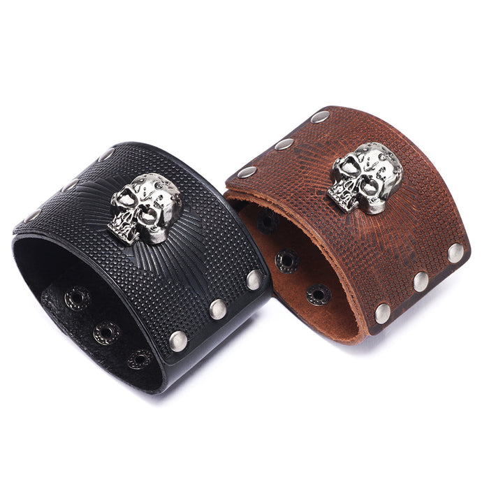 Wholesale Bracelet Men's Alloy Leather Skull Exaggerated Wide Leather JDC-BT-QiN032