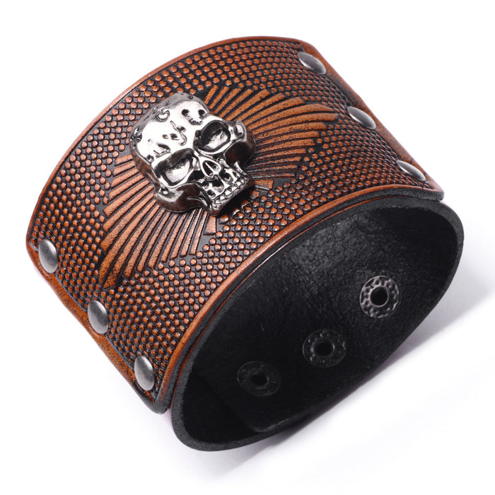 Wholesale Bracelet Men's Alloy Leather Skull Exaggerated Wide Leather JDC-BT-QiN032