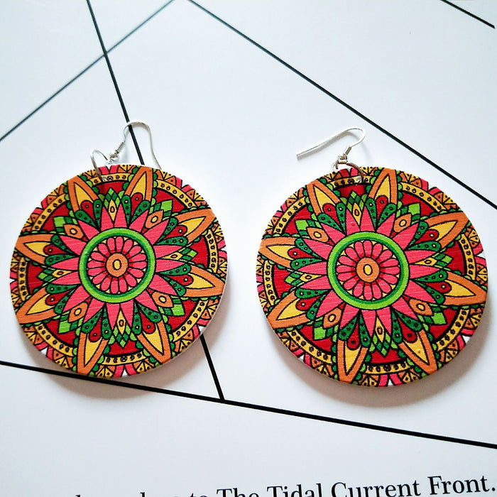 Wholesale Exaggerated African Pattern Geometric Round Wooden Earrings JDC-ES-AnX013