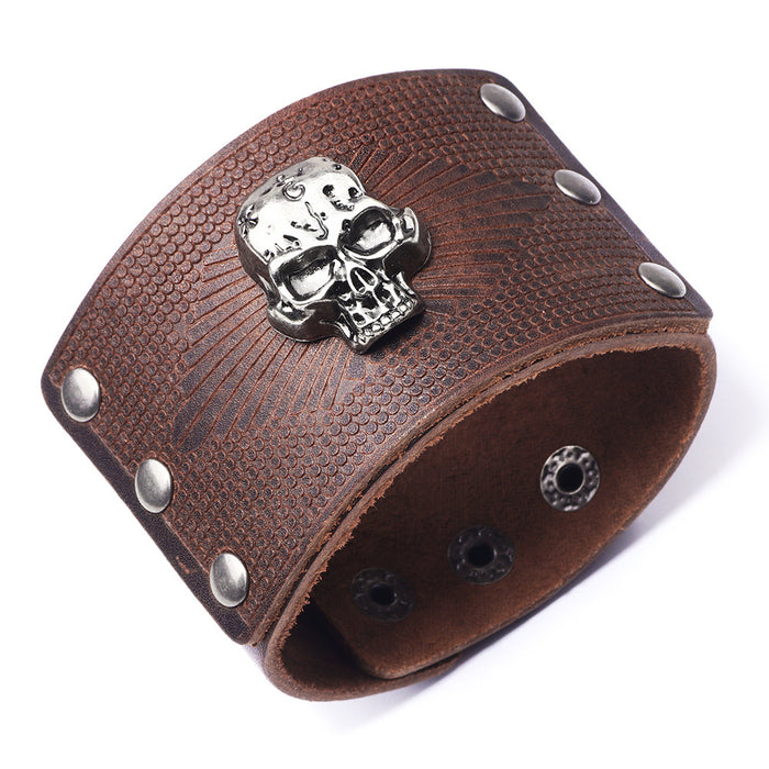 Wholesale Bracelet Men's Alloy Leather Skull Exaggerated Wide Leather JDC-BT-QiN032