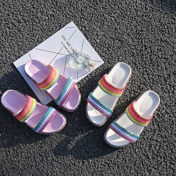 Wholesale Summer Women Slippers Double Strap Rainbow Stripes JDC-SP-Xuanyang003