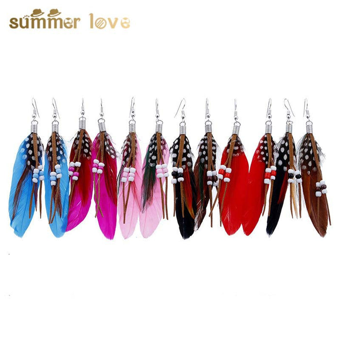 Wholesale Long Feather Earrings Boho Rice Beads Tassel MOQ≥2 JDC-ES-Zhongn001