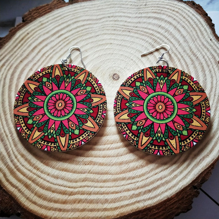 Wholesale Exaggerated African Pattern Geometric Round Wooden Earrings JDC-ES-AnX013