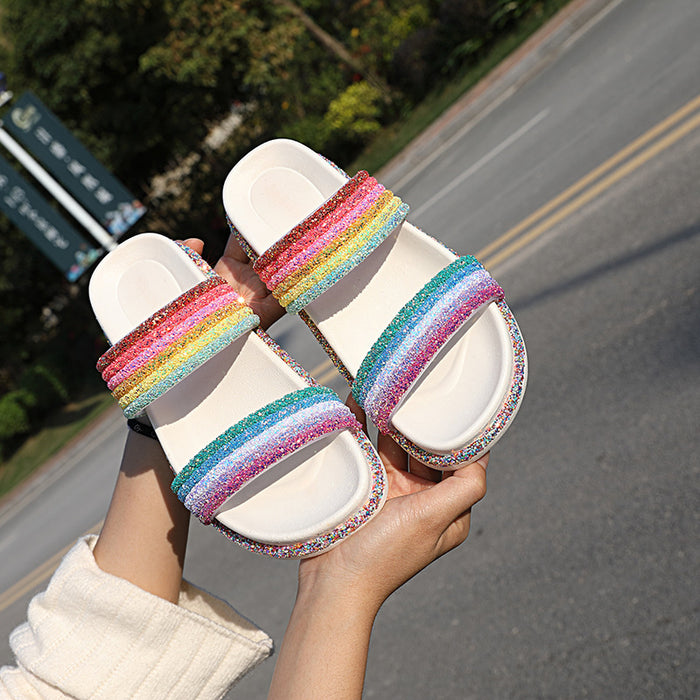 Wholesale Summer Women Slippers Double Strap Rainbow Stripes JDC-SP-Xuanyang003