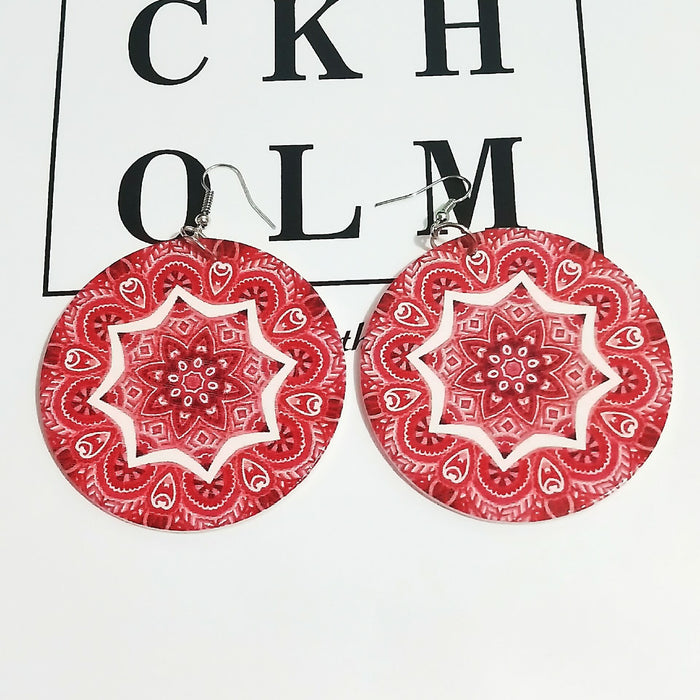 Wholesale Exaggerated Geometric Circle Print Wood Earrings JDC-ES-AnX020