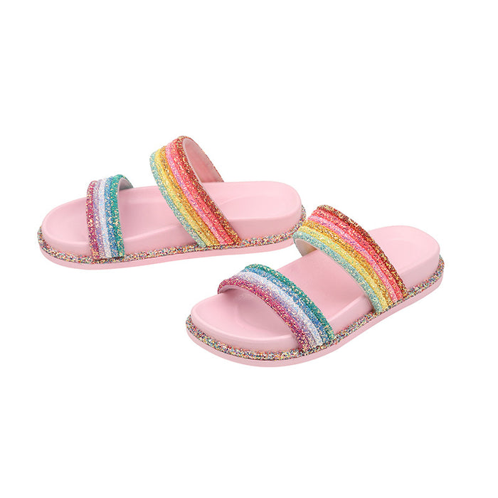 Wholesale Summer Women Slippers Double Strap Rainbow Stripes JDC-SP-Xuanyang003