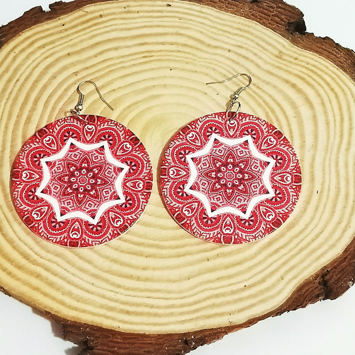 Wholesale Exaggerated Geometric Circle Print Wood Earrings JDC-ES-AnX020