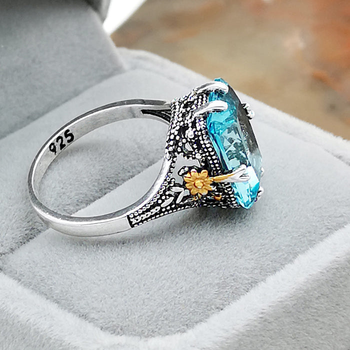 Wholesale 925 Thai Silver Plated Flower Sea Blue Topaz Metal Ring JDC-RS-RongY006