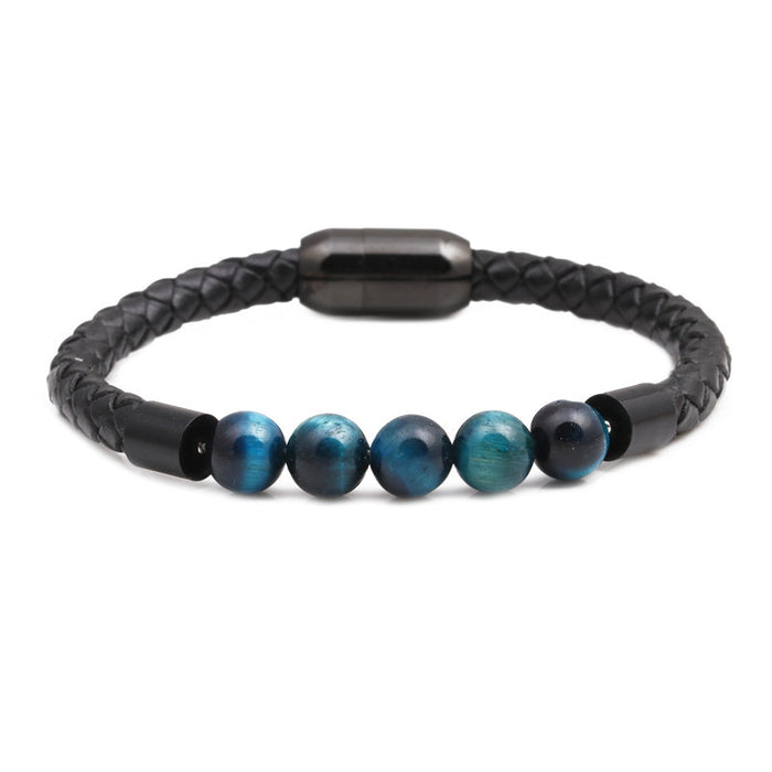 Wholesale Color Tiger Eye Beaded Stainless Steel Magnetic Buckle Leather Cord Bracelet JDC-BT-ML069