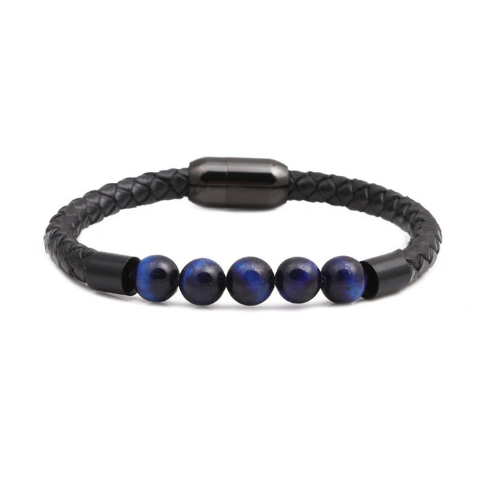 Wholesale Color Tiger Eye Beaded Stainless Steel Magnetic Buckle Leather Cord Bracelet JDC-BT-ML069