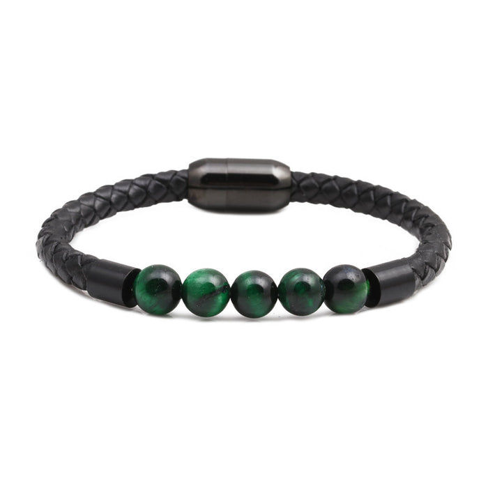Wholesale Color Tiger Eye Beaded Stainless Steel Magnetic Buckle Leather Cord Bracelet JDC-BT-ML069