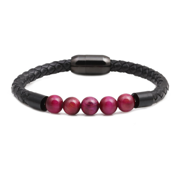 Wholesale Color Tiger Eye Beaded Stainless Steel Magnetic Buckle Leather Cord Bracelet JDC-BT-ML069