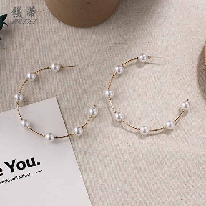 Wholesale pearl earrings temperament personality pearl large hoop earrings JDC-ES-Qiandi010