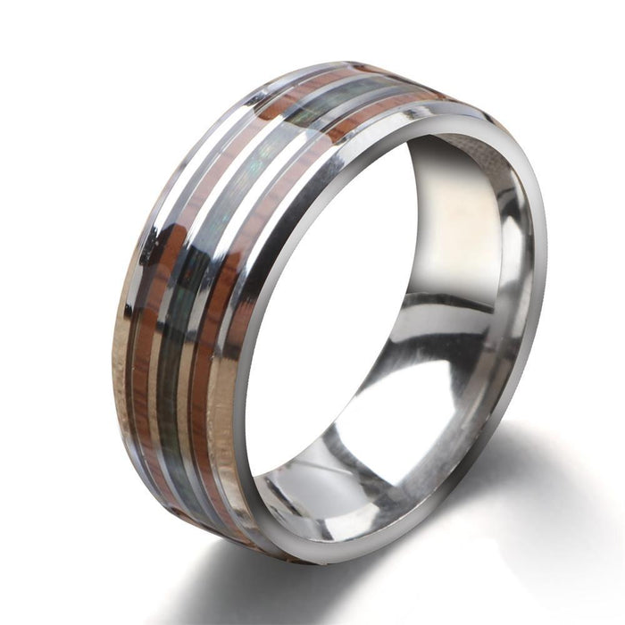 Wholesale Rings Stainless Steel Opal Wood Grain Three Line Stripes MOQ≥2 JDC-RS-HuH007