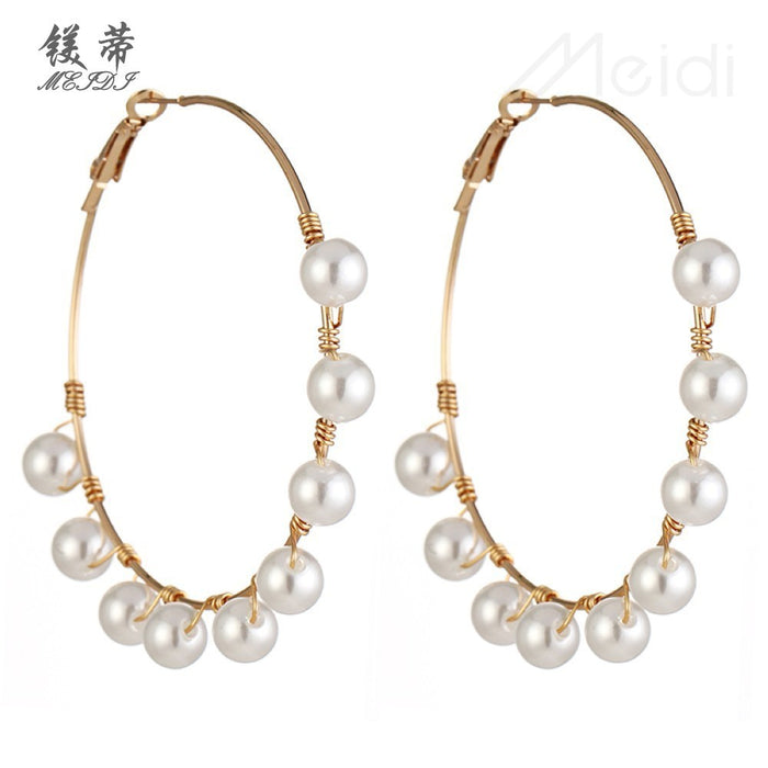 Wholesale pearl earrings temperament personality pearl large hoop earrings JDC-ES-Qiandi010