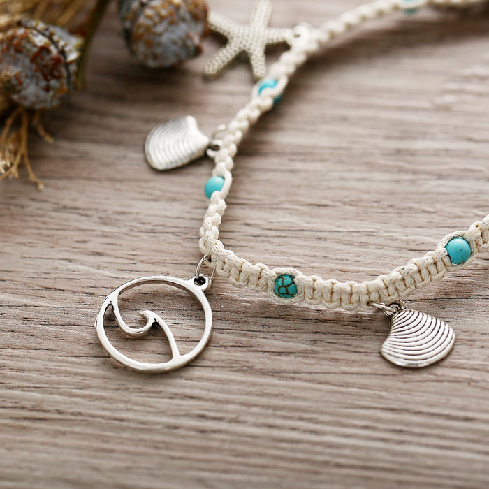 Wholesale Alloy Braided Beach Starfish Seashell Turquoise Anklet JDC-AS-F081