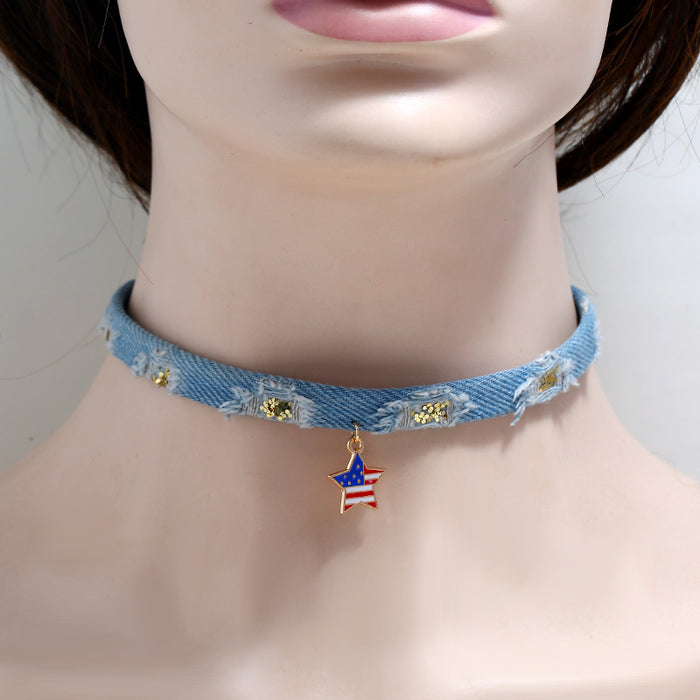 Wholesale 4th of July Art Alloy Pendant Necklace Denim Fabric Flag Independence Day JDC-NE-zl007