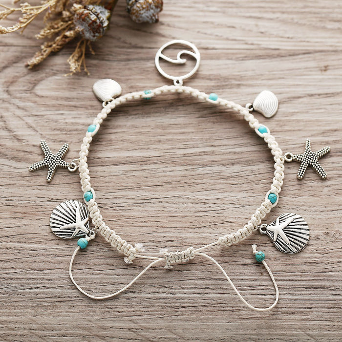 Wholesale Alloy Braided Beach Starfish Seashell Turquoise Anklet JDC-AS-F081