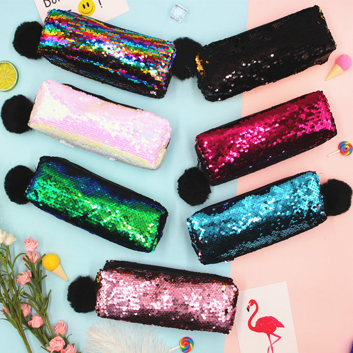 Wholesale Pencil Bags Acrylic Fur Balls Two Tone Sequins JDC-PB-Donglej007