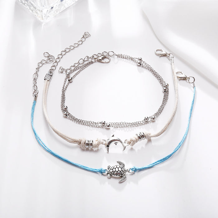 Wholesale Retro Turtle Dolphin Braided Sliding Anklet Set of 3 Pieces JDC-AS-F513