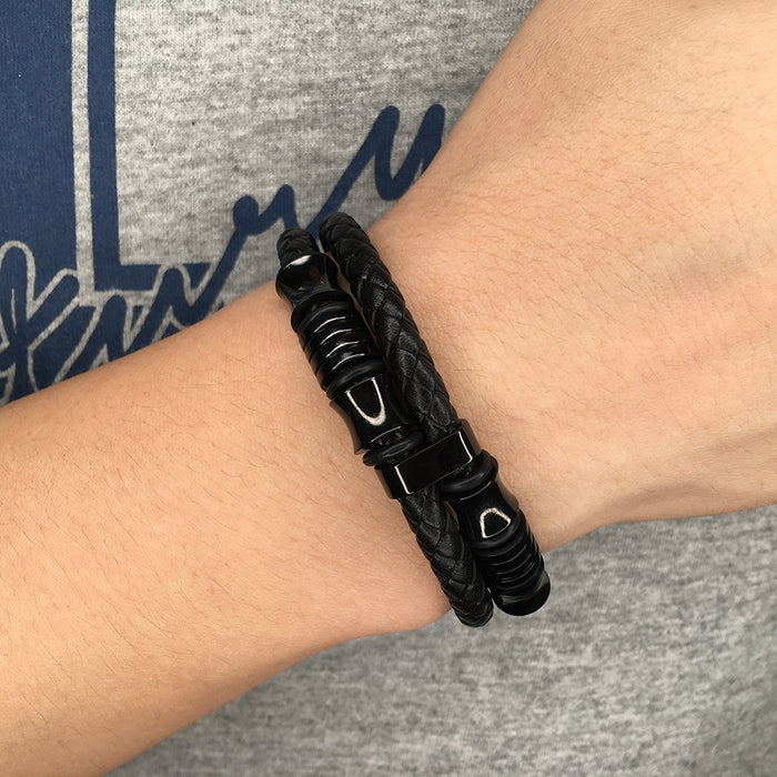 Jewelry WholesaleWholesale stainless steel black double strip leather braided bracelet JDC-BT-RShen002 Bracelet 日盛 %variant_option1% %variant_option2% %variant_option3%  Factory Price JoyasDeChina Joyas De China