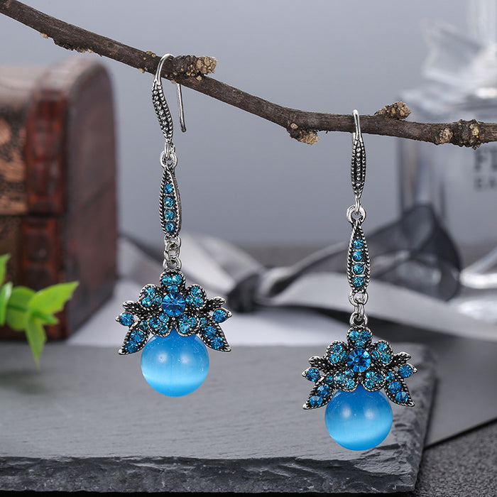 Wholesale Flower Shape Long Vintage Diamond Opal Earrings JDC-ES-YYDX010