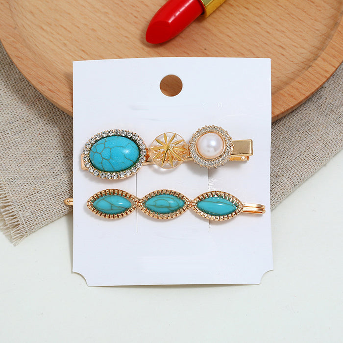 Wholesale blue turquoise retro style diamond multi-piece set female top clip JDC-HC-Zhuih002