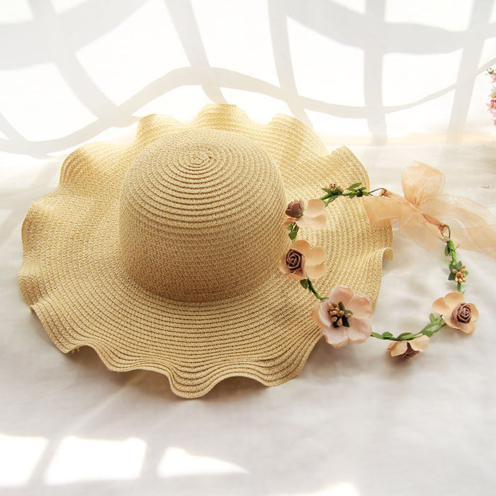 Wholesale Wavy Wreath Big Brim Straw Woven Sun Hat MOQ≥3 JDC-FH-BeX002