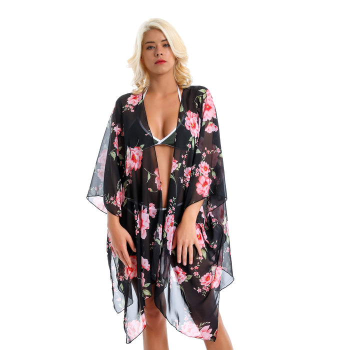 Wholesale Red Peony Sunscreen Cardigan Beach Vacation Bikini Cover Up JDC-SW-duanr001