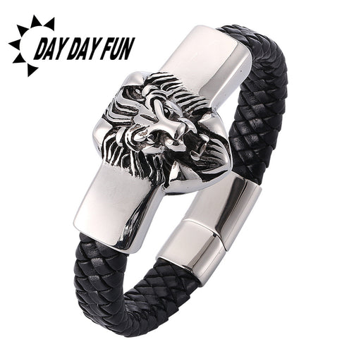 Jewelry WholesaleWholesale black leather lion head stainless steel bracelet JDC-BT-RShen004 Bracelet 日盛 %variant_option1% %variant_option2% %variant_option3%  Factory Price JoyasDeChina Joyas De China