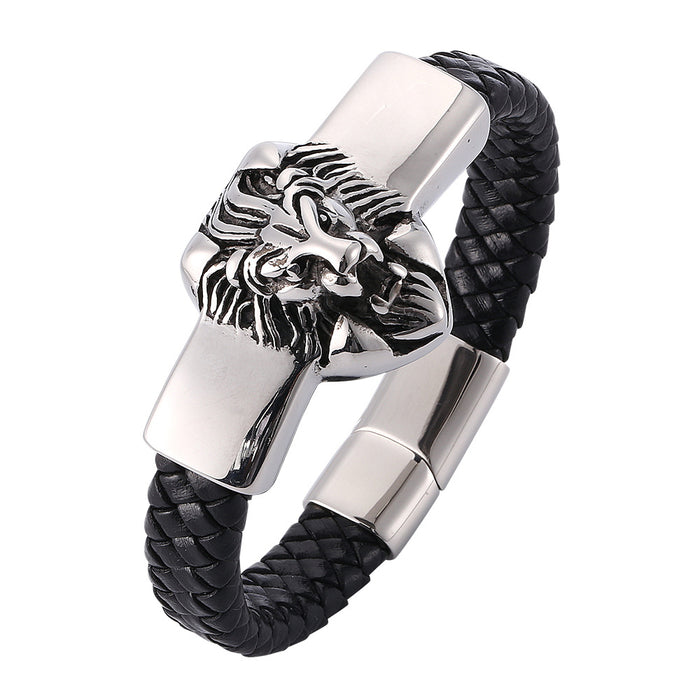 Jewelry WholesaleWholesale black leather lion head stainless steel bracelet JDC-BT-RShen004 Bracelet 日盛 %variant_option1% %variant_option2% %variant_option3%  Factory Price JoyasDeChina Joyas De China