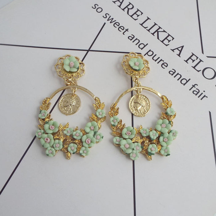 Wholesale Retro Pastoral Fresh Flower Big Ring Earrings MOQ≥2 JDC-ES-qifu006