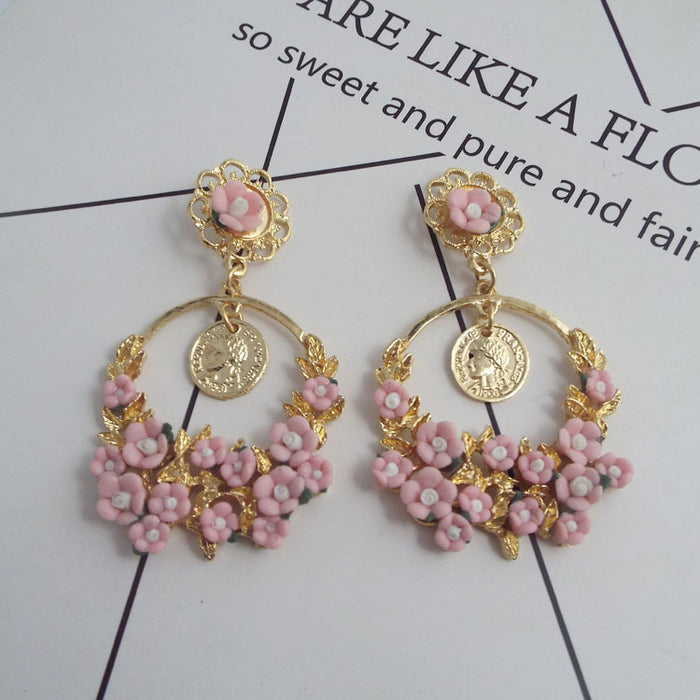 Wholesale Retro Pastoral Fresh Flower Big Ring Earrings MOQ≥2 JDC-ES-qifu006