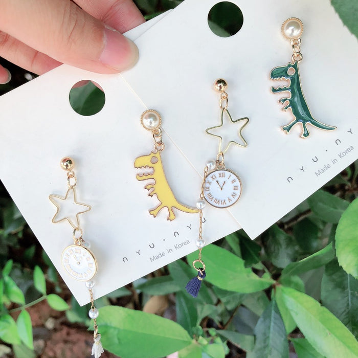 Wholesale Earrings Alloy Dinosaur Alarm Clock Asymmetrical Long Tassel JDC-ES-MoN017