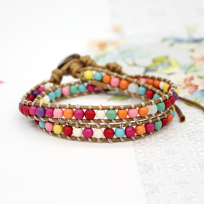 Wholesale Bracelet Multicolor Stone Wax Thread Handwoven Bohemian MOQ≥2 JDC-BT-WengW005