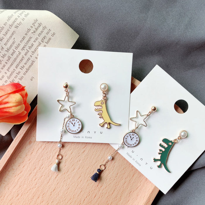 Wholesale Earrings Alloy Dinosaur Alarm Clock Asymmetrical Long Tassel JDC-ES-MoN017