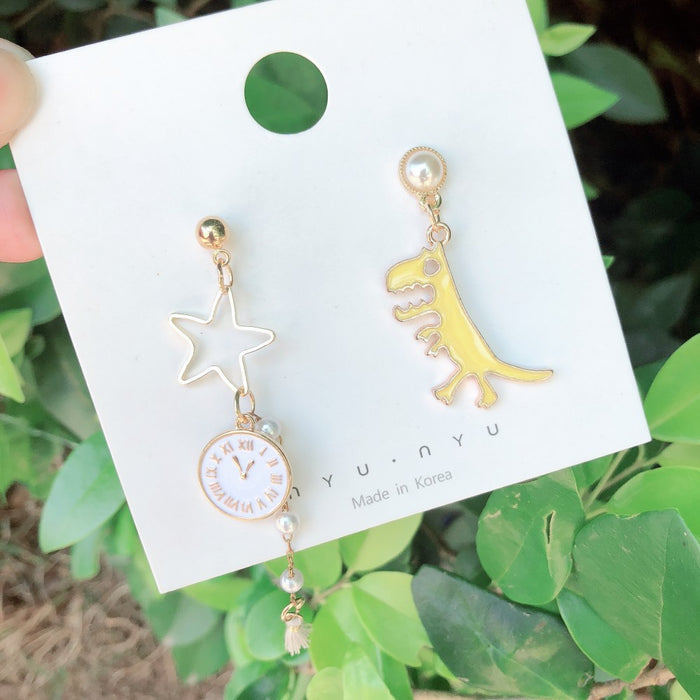 Wholesale Earrings Alloy Dinosaur Alarm Clock Asymmetrical Long Tassel JDC-ES-MoN017