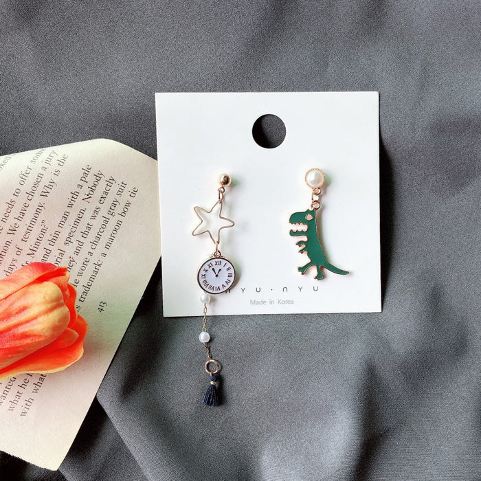 Wholesale Earrings Alloy Dinosaur Alarm Clock Asymmetrical Long Tassel JDC-ES-MoN017