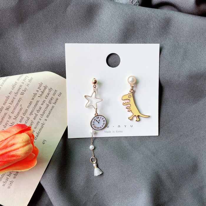 Wholesale Earrings Alloy Dinosaur Alarm Clock Asymmetrical Long Tassel JDC-ES-MoN017