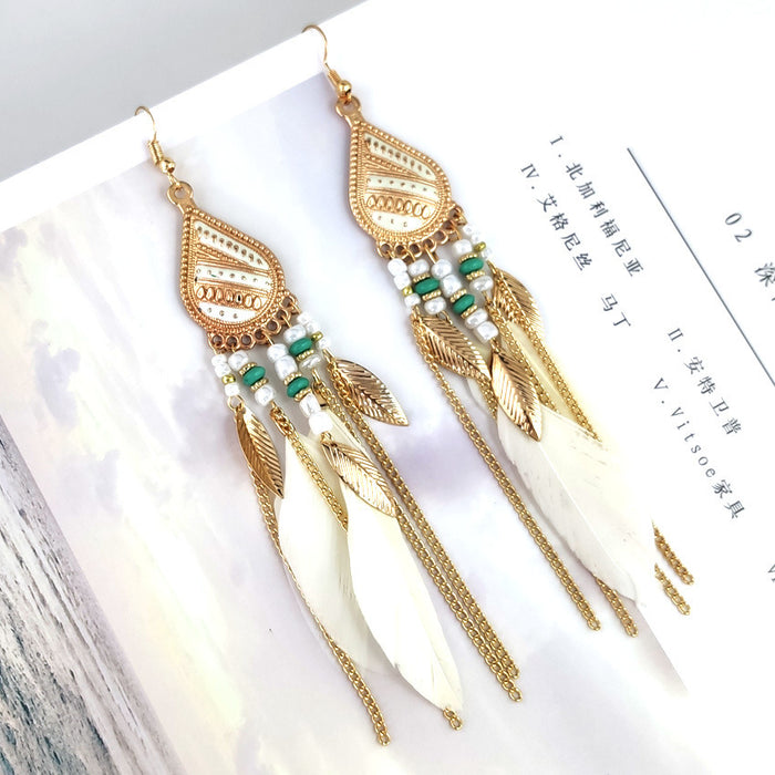 Wholesale Tassel Earrings Water Drop Feather Long MOQ≥2 JDC-ES-qifu004