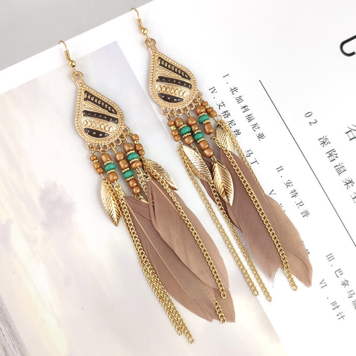 Wholesale Tassel Earrings Water Drop Feather Long MOQ≥2 JDC-ES-qifu004