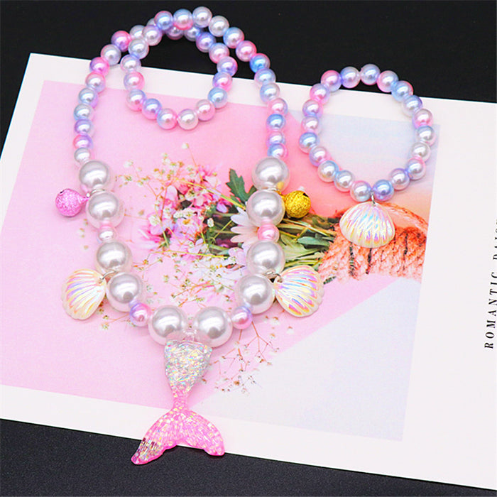 Wholesale Necklace Mermaid Tail Girls Pearl Necklace Bracelet Ring Earring Set MOQ≥2 JDC-RS-NanD001