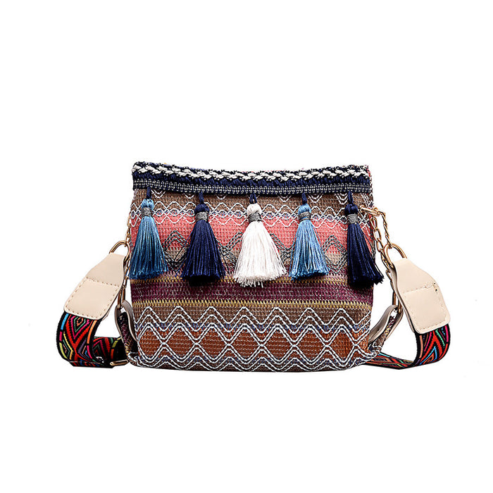 Wholesale Shoulder Bags Fabric Ethnic Style Personalized Shoulder Messenger Bag Tassel Bucket JDC-SD-YueXiang001