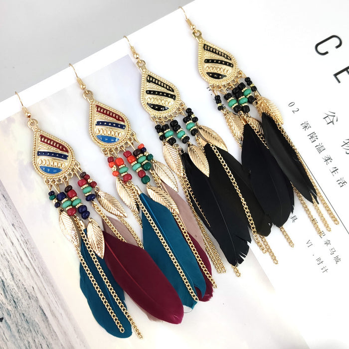 Wholesale Tassel Earrings Water Drop Feather Long MOQ≥2 JDC-ES-qifu004