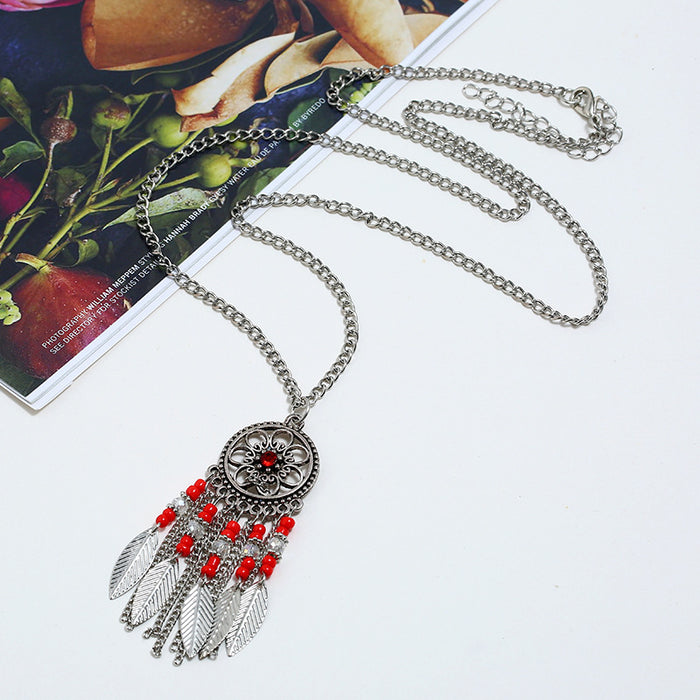 Wholesale Tassel Leaf Rice Beads Diamond Alloy Dreamcatcher Necklace JDC-NE-Jingyun001