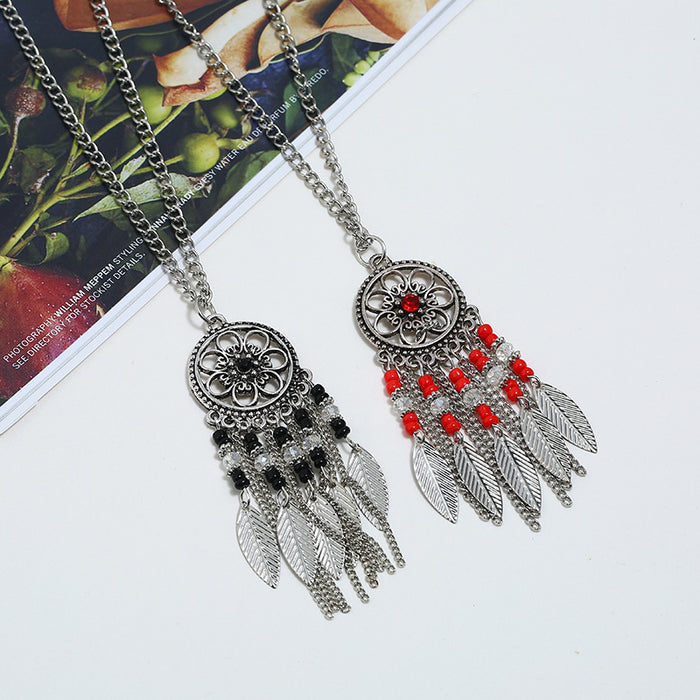 Wholesale Tassel Leaf Rice Beads Diamond Alloy Dreamcatcher Necklace JDC-NE-Jingyun001