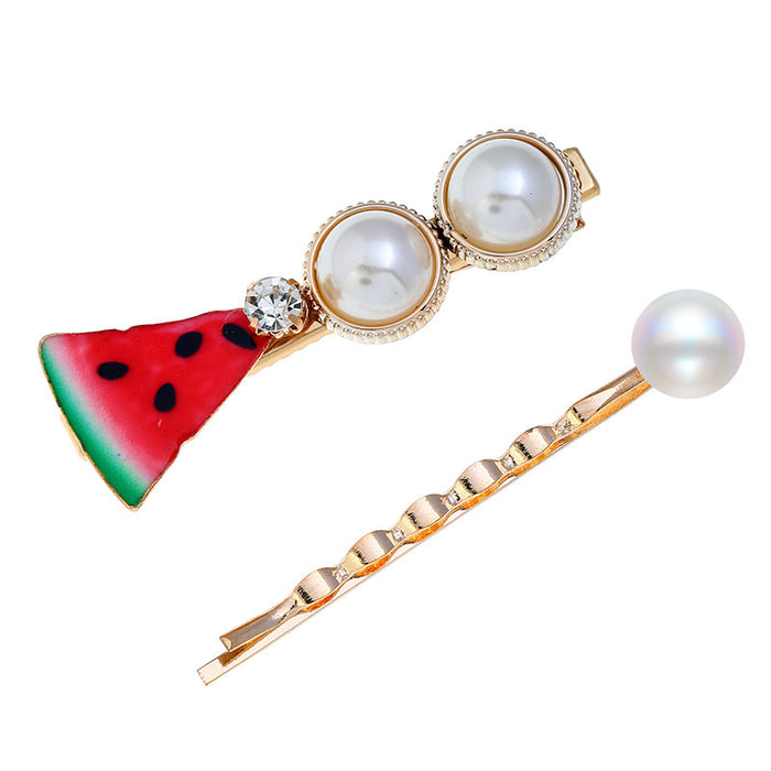 Wholesale Fruit Hair Clip Set Watermelon Strawberry One Word Pearl Edge Clip JDC-HC-Zhuih003