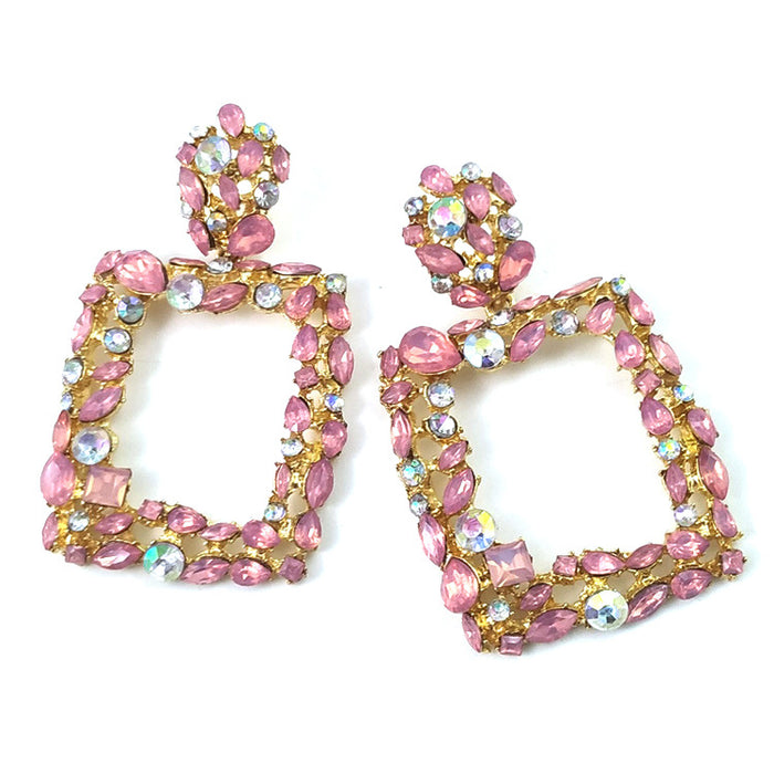 Wholesale Exaggerated Geometric Colorful Crystal Square Stud Earrings MOQ≥2 JDC-ES-qifu001