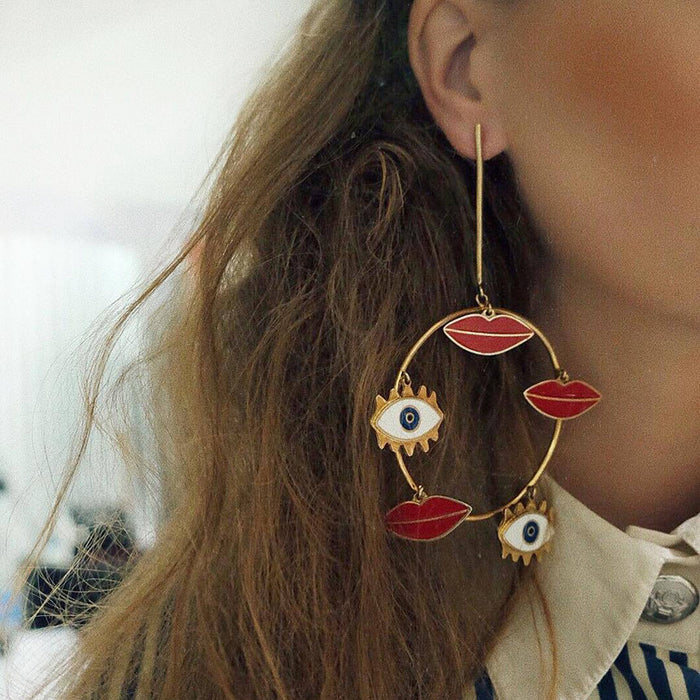 Wholesale Exaggerated French Eyes Red Lips Geometric Big Circle Earrings MOQ≥2 JDC-ES-Yir011